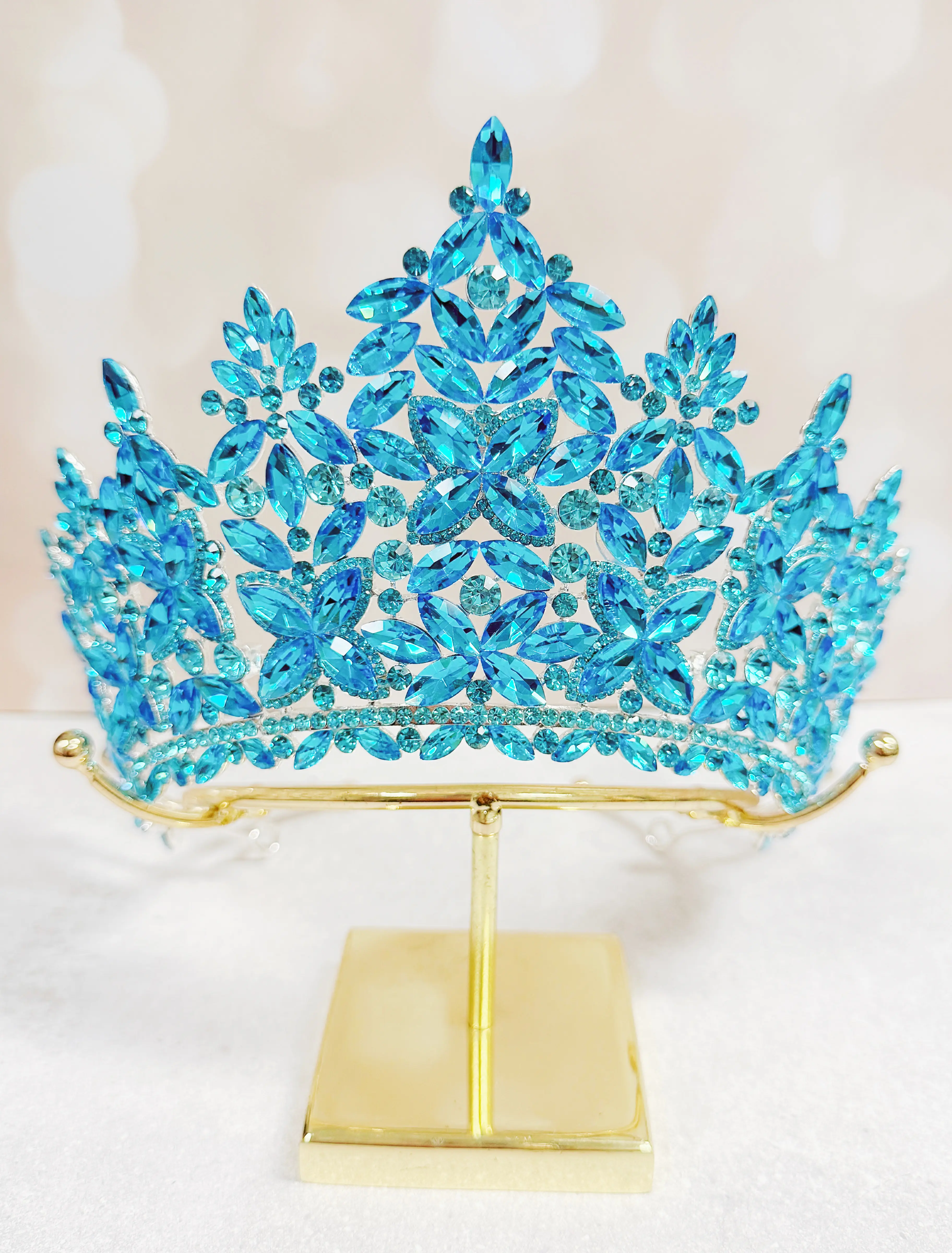 Female Luxury Gold-Plated Mermaid Crown, Blue Crystal Rhinestone Fairy Tiara for Women's Bridal Wedding & Prom, Glamorous