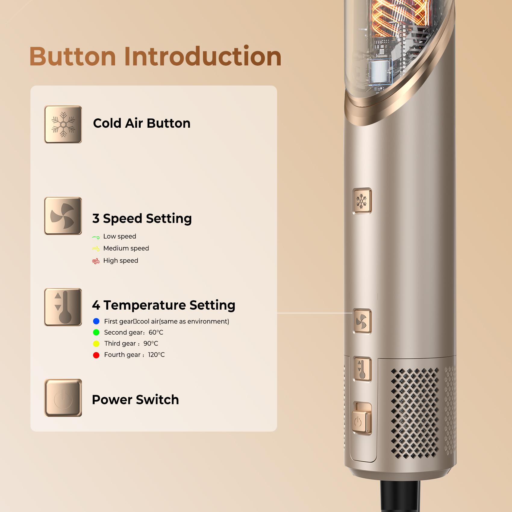 UKLISS FusionAir DIY HairStyler Airstyler Champagne Gold 90-Day Free Trial & Refund 2 Year Warranty 110000RPM HairCurler + HairStraightener + HairDryer + HotAirBrush + LowTemperatureHairCare + NegativeIons + BlowoutBoost + HairDiffuser + Fluffier