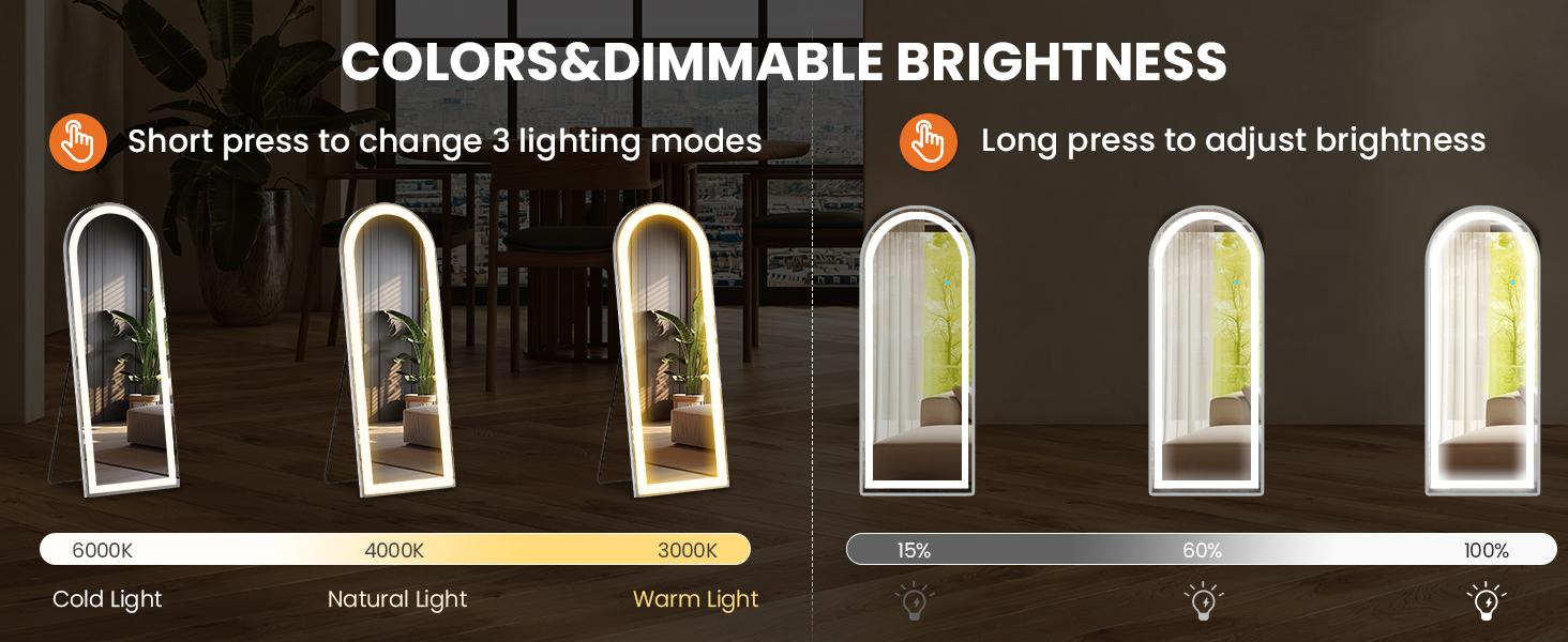 Floor Mirror, Stand Mirror Full Length with LED Lights, Dimming & 3 Color Lighting, Aluminum Alloy Thin Frame for Bedroom, Dressing Room Decor
