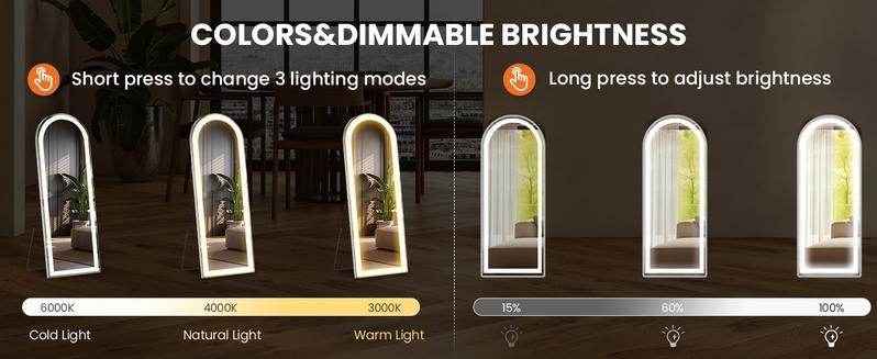Floor Mirror, Stand Mirror Full Length with LED Lights, Dimming & 3 Color Lighting, Aluminum Alloy Thin Frame for Bedroom, Dressing Room Decor