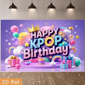 2D Flat, Party Banners 2D Flat Banner, 1pc Polyester Backdrop Magical Greeting Purple Pink Background Decorated with Sparkling Stars Floating Elements Happy Kpop Birthday, for Party Decor Home, Room, Farm, Garden, Club, No Electricity, Easy to Hang