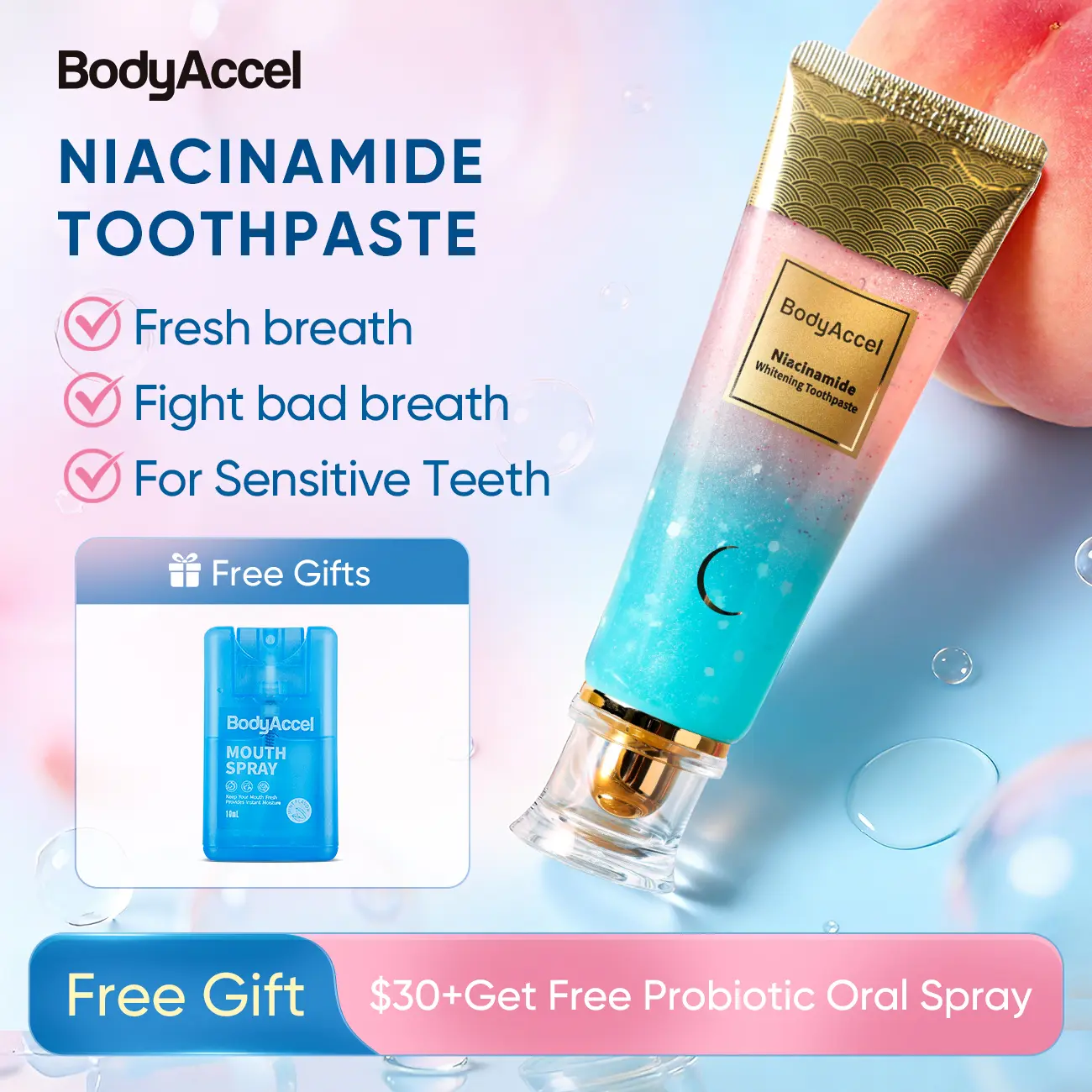 BodyAccel Niacinamide Whitening Toothpaste for Dental Cleaning, Stain Removal, and Fresh Breath - Cool Mint Flavor, Fluoride-Free, 100g, Oral, Anticaries Toothpastes, Brighten Teeth Toothpastes