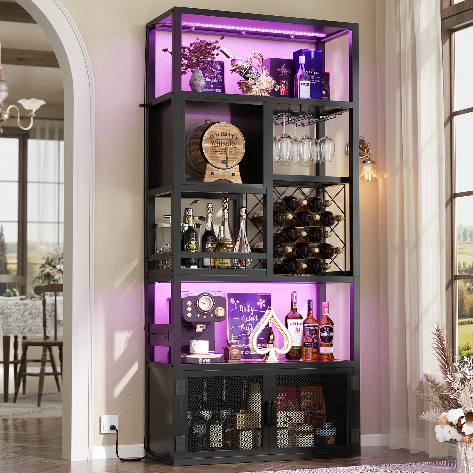 82.6" Tall Bar Cabinet with Power Outlets, 6-Tiers Reversible Wine Cabinet with LED Lights, Glass Holder & Wine Rack, Liquor Storage Cabinet Coffee Bar Station for Dining Living Room