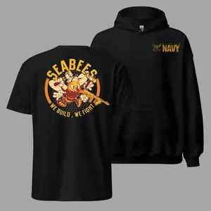 Seabees U.S. Navy T Shirt and Hoodie 2 Sides, Military Construction Bee Graphic Tee, Soft Cotton Blend T Shirt, Patriotic Navy Apparel for Men & Women, U.S. Navy Veteran Gift