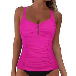 Hilor Women's Tankini Tops Shirred Tummy Control Swimsuits Cross Back Tankini Swimwear Tops