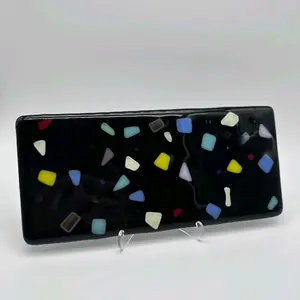 Handmade fused glass black multicolor confetti style serving tray