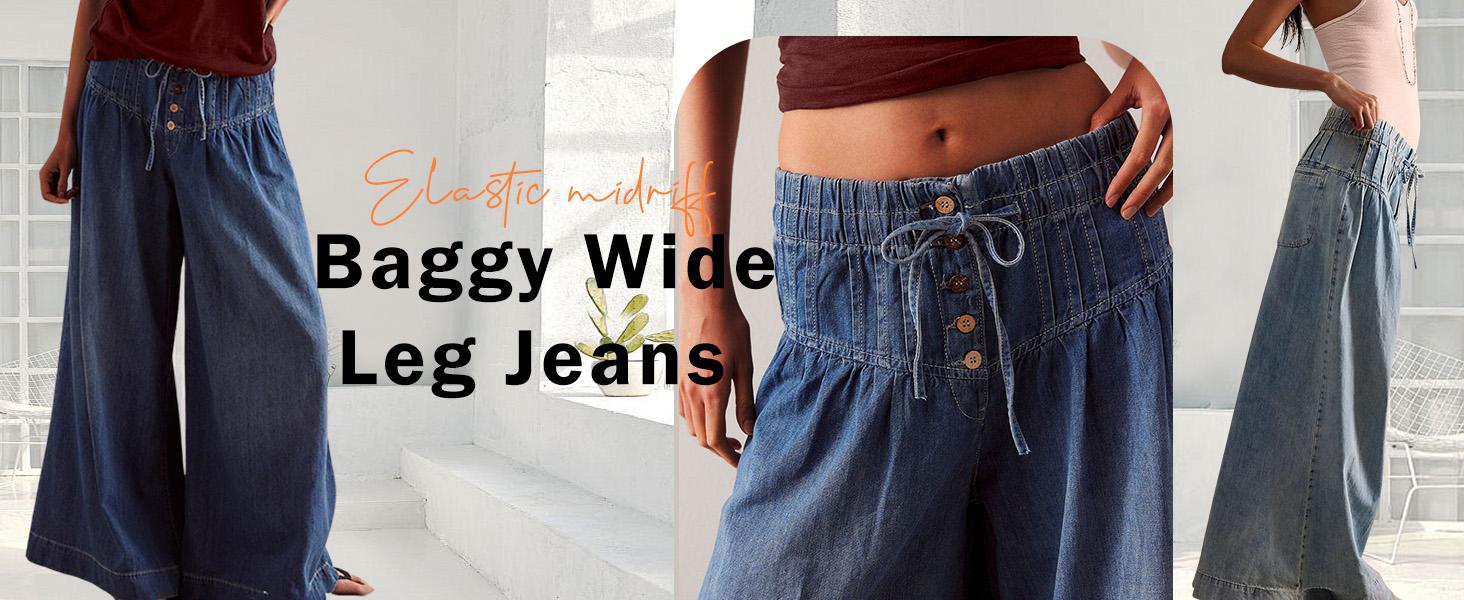 CHARTOU Women's Baggy Wide Leg Denim Pants Drawstring Midi Waist Flare Jeans Ruffle Pleated Button Jeans