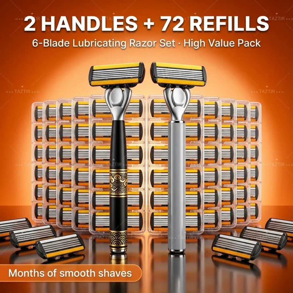 Shaving Set, Traditional Razors for Men & Women, 72 Refill Blades + 2 Handles, 6 Layer Blade Disposable Shaving Razors, Stainless Steel Blades with Clear Safety Cap, Multipurpose Portable Razor for Bathing, Hotel, Travel Daily Use
