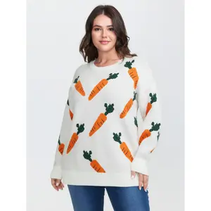 【Oversized】Bloomchic Carrot Pattern Round Neck Ribbed Pullover