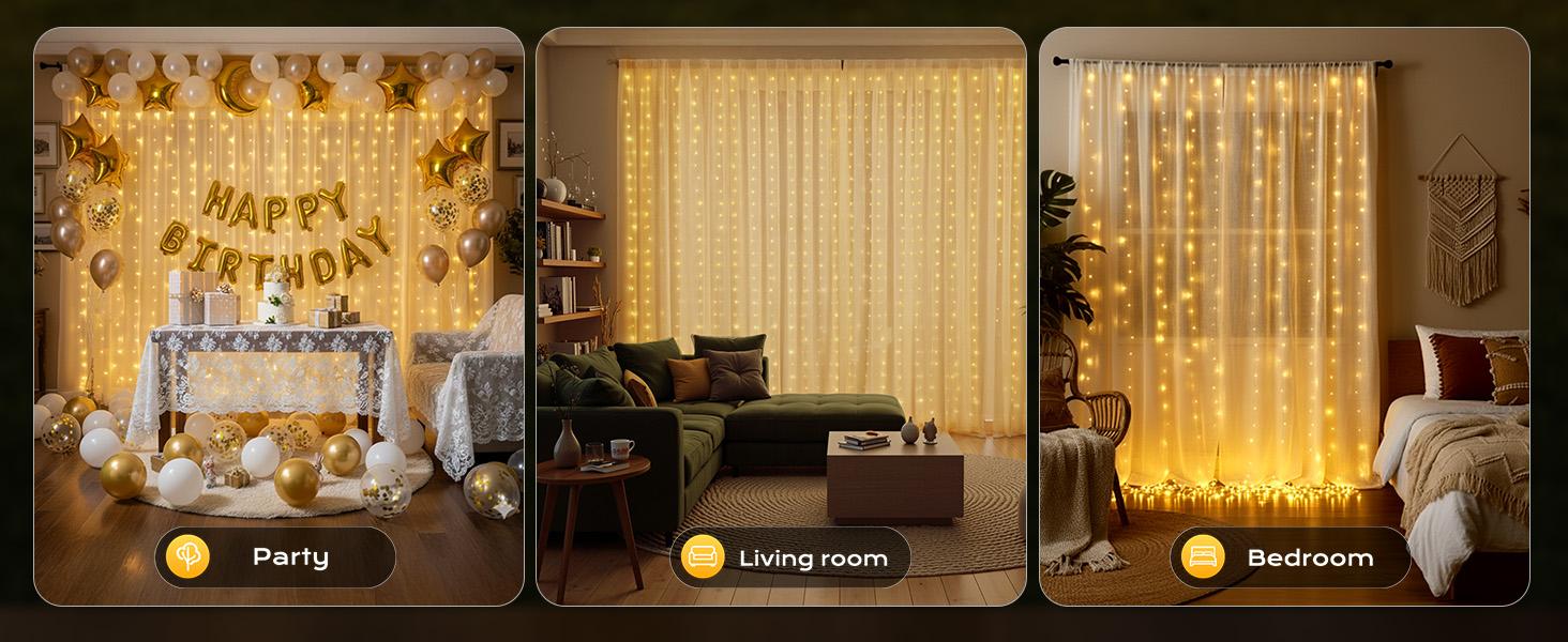 Brightown 300 LED Curtain Lights, 9.8 FT Plug in Fairy Lights for Bedroom, 8 Lighting Modes, Christmas Hanging Lights for Window Backdrop Wall Wedding Party Birthday Christmas Decoration, Warm White