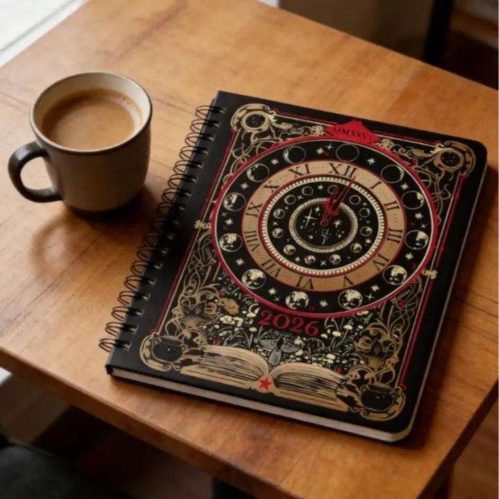 Waiting for the Night Gothic Witchy Tarot 2026 Weekly Planner, 7"x9" Premium Hardcover with Smooth Black Spiral Binding, Dated Journal with Themed Stickers & Bookmarks, Secure Elastic Closure, Sturdy Back Pocket, Portable School Supply, Planner For School