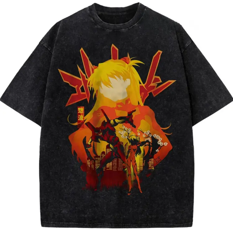 Asuka Langley Sohryu Shirt, Neon Genesis Evangelion Shirt, Asuka Langley Graphic T-Shirt EVA-02 Vintage Design Tee Asuka Soryu Red Orange Anime Streetwear Washed Heavyweight Manga Shirt Crewneck Short sleeve Style