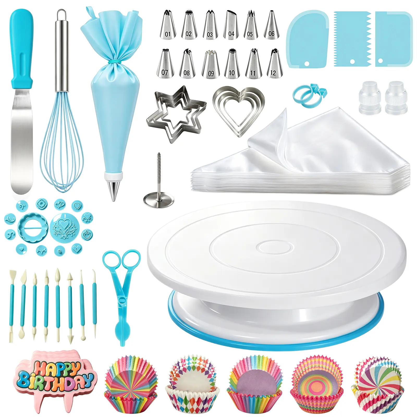 Cake Decorating Kit with Revolving Turntable - Piping Bags and Stainless Steel Tips Set, Pattern Tools, Icing Spatula, Smoothers & Cupcake Liners for Beginners & Bakers