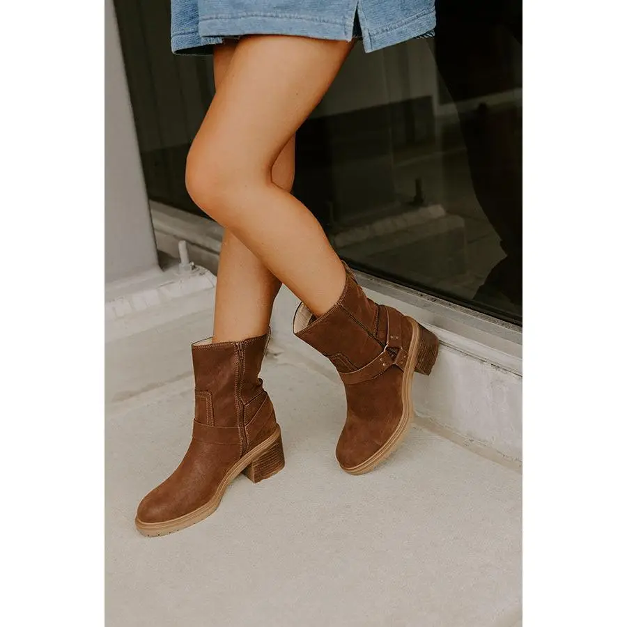 The Ember Faux Suede Moto Boot in Chestnut