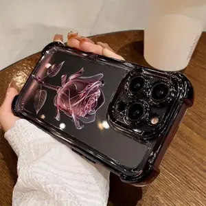 Pink roses pattern electroplated four-corner airbag shockproof and anti-drop phone case. Suitable for iPhone 17 Pro Max, 16/15/14/13/12/11 Pro Max, and Samsung S25, S24, S23 (airbag shockproof transparent protective case).