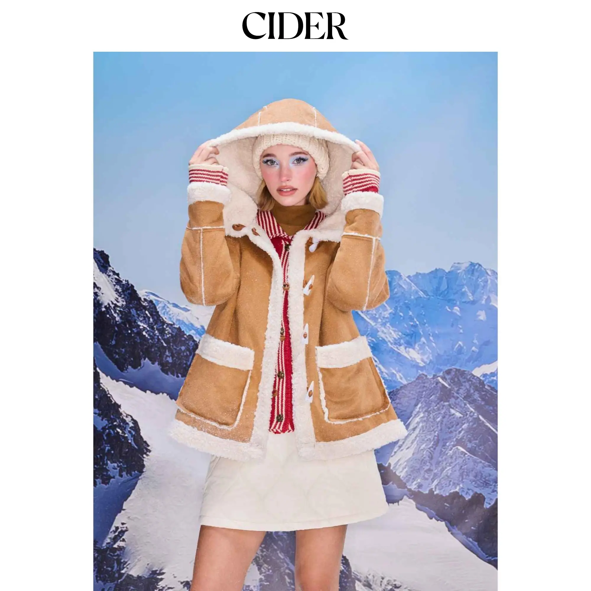 Cider Women's Oversize Loose Plain Faux Shearling Lined Hooded Duffle Coats - Toggle Closures, Front Pockets, Casual Minimalist Outerwear
