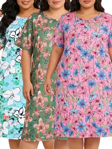 Women’s Plus Size Summer Short-Sleeve Loose Casual Floral Print Nightdress Pajama Set, 3-Piece Bundle