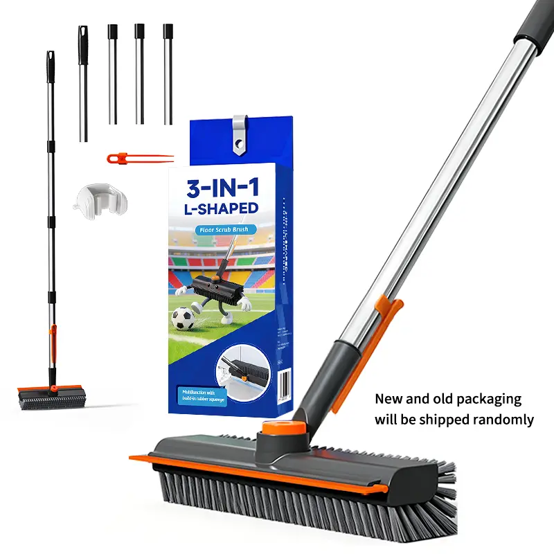 3-in-1 Sturdy Sweeping Broom Home Cleaning Tool - Long Wand Floor Scrubber Bristle Brush Squeegees, Oversized Rotating Head, Magic Eraser, Mop Roll for Home/Deep Cleaning House Supplies (Orange-Gray, White), Cleaning Supplies