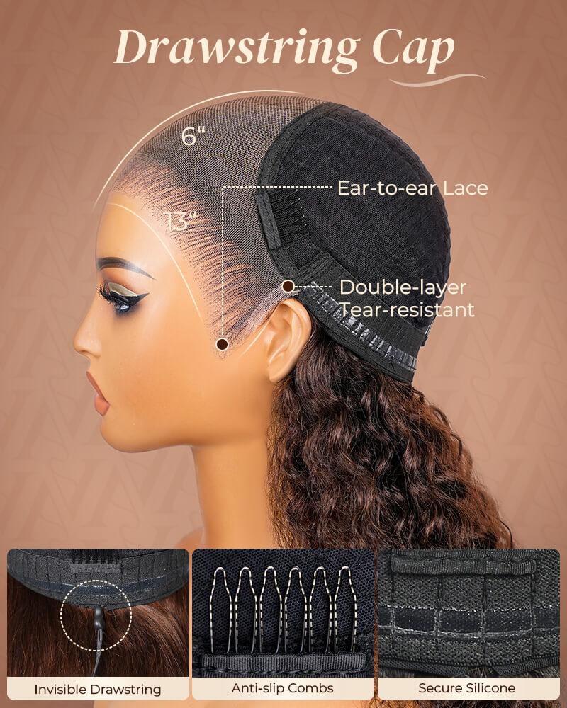 Arabella Chocolate Brown Water Wave 4# 13x6 Glueless Lace Front Wig with Drawstring Human Hair Ear to Ear Beginner Friendly Affordable Wig