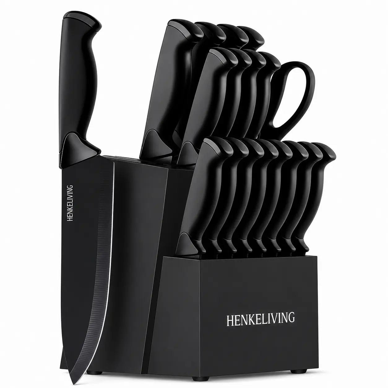 HENKELIVING 19-Piece Kitchen Knife Block Set with Cutting High-Carbon Stainless Steel Blades, Built-In Sharpener, 8 Steak Knives, Ergonomic Handles That Reduce Hand Fatigue for Everyday Home Cooking, Ergonomic Handles Reduce Hand Fatigue, Cut, Kitchen Sup