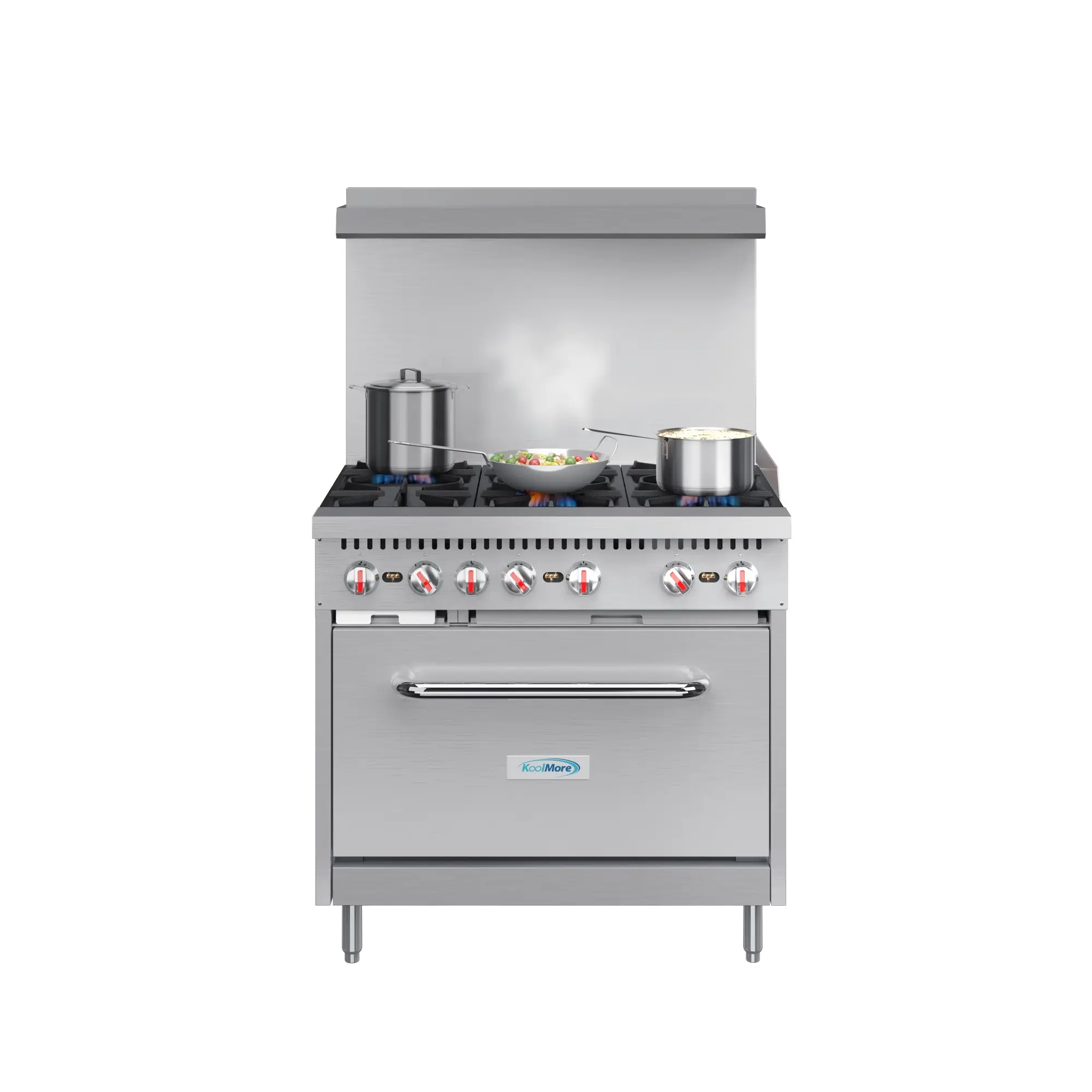 36" Size Stainless Steel Commercial Natural Gas Powered Range - 6 Open-Top Burners, Easy Clean, High-Performance, Large Shelf, Optional Caster Wheels, Multi-Burner Cook (KM-CR36-NG)