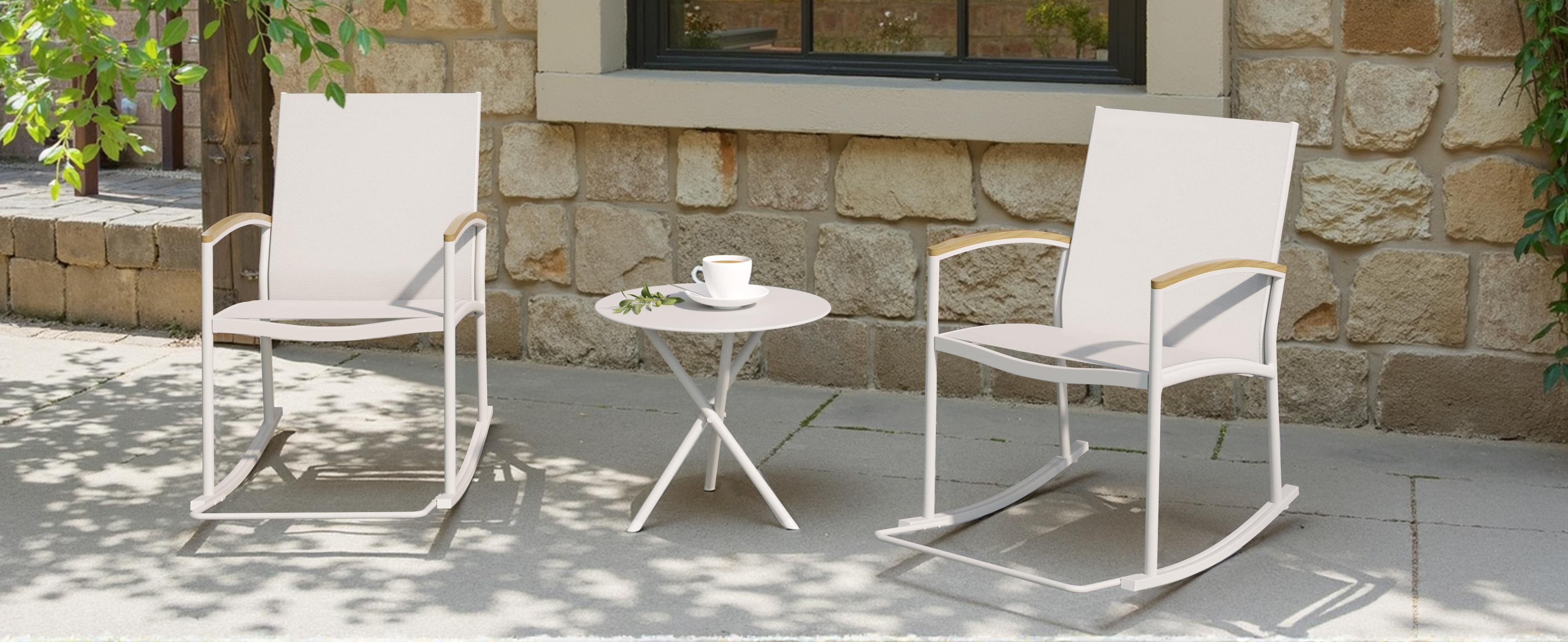 Walsunny Outdoor Rocking Patio Chairs, Set of 2 Modern Chairs & 1 Round Side Table, All - Weather Resistant, Garden & Backyard, White