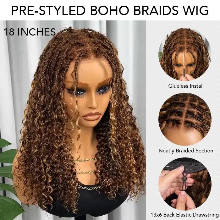 Pizazz Hair Boho Braided Wigs 4/27 Highlight Color Boho Braided Curly Human Hair Wigs 13x6 Glueless Pre Cut HD Lace Wig with Drawstring
