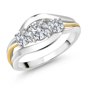 3-Stone Birthstone and Lab Grown Diamond Two-Tone Ring for Women | 925 Silver 10K Yellow Gold | Round 5MM 4MM | Anniversary Promise Engagement Ring