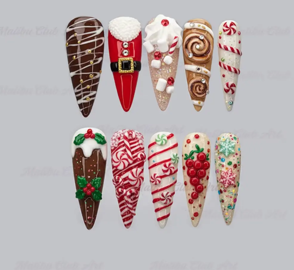 Christmas Dessert Press On Nails, Long Stiletto Santa Belt Cocoa Cinnamon Roll Candy Cane Nails, Holiday Sweet Nail Set