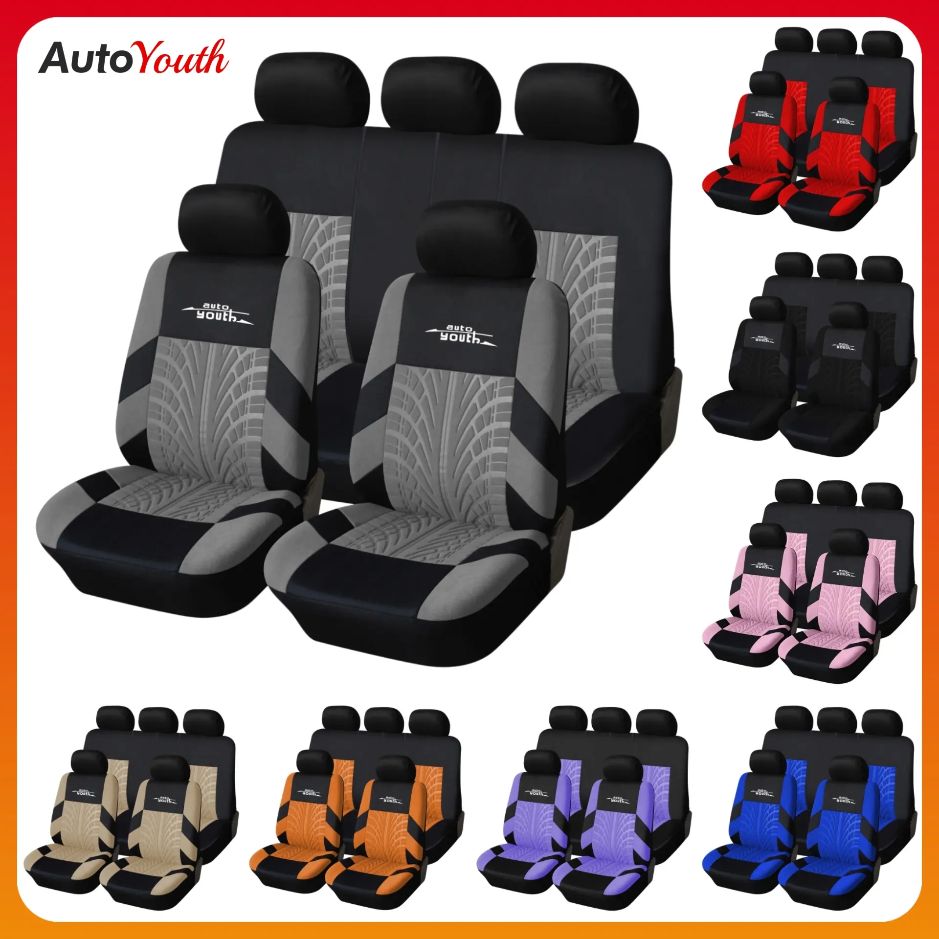 5 Seats Car Seat Covers Universal 1 Set, for Front & Rear Seats, Stylish Jacquard Mesh Fabric Car Seat Protectors with Embroidered Logo, Airbag Compatible, Fits Most Autos SUVs Vans Trucks, Red Gray Car Seat Covers, Car Interior Accessories