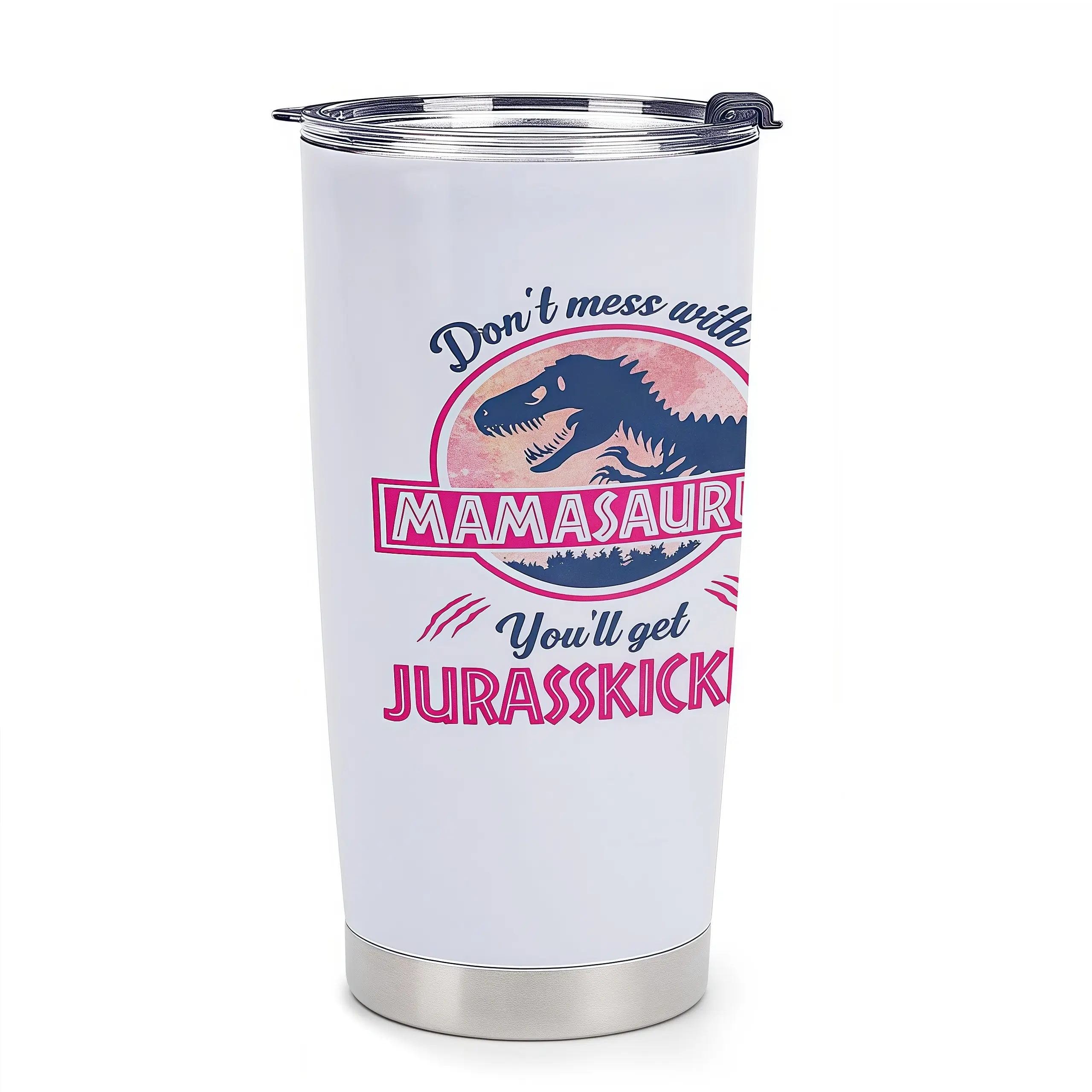 20oz Mamasaurus Funny Mom Insulated Stainless Steel Flask - Vacuum Insulation Mug, Lidded Portable Kitchenware Drinkware, Mother's Day Gift, Easter Basket Stuffer for Mama