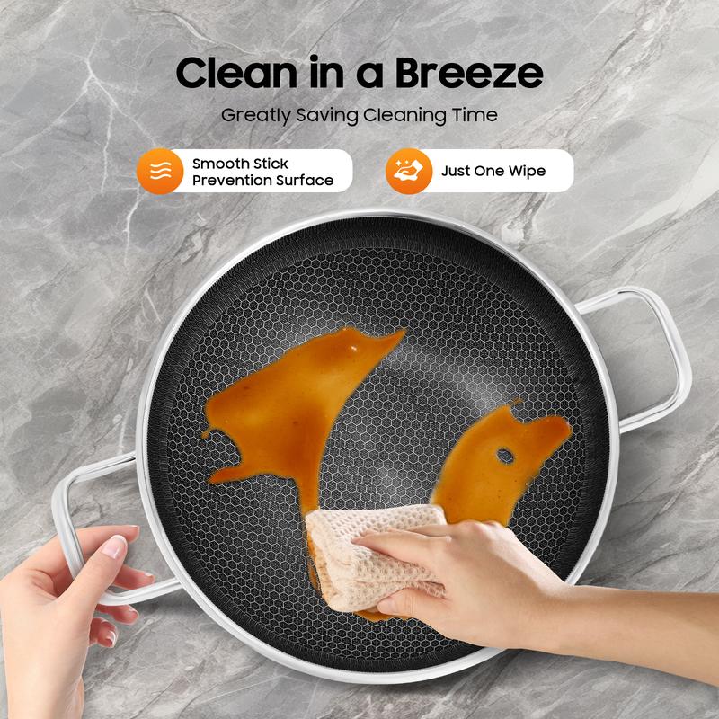 Professional 316 Stainless Steel Frying Pan Induction Compatible Non Stick Skillet for All Stovetops Gas Electric Ceramic Even Heating Restaurant Grade Cookware with Glass Lid