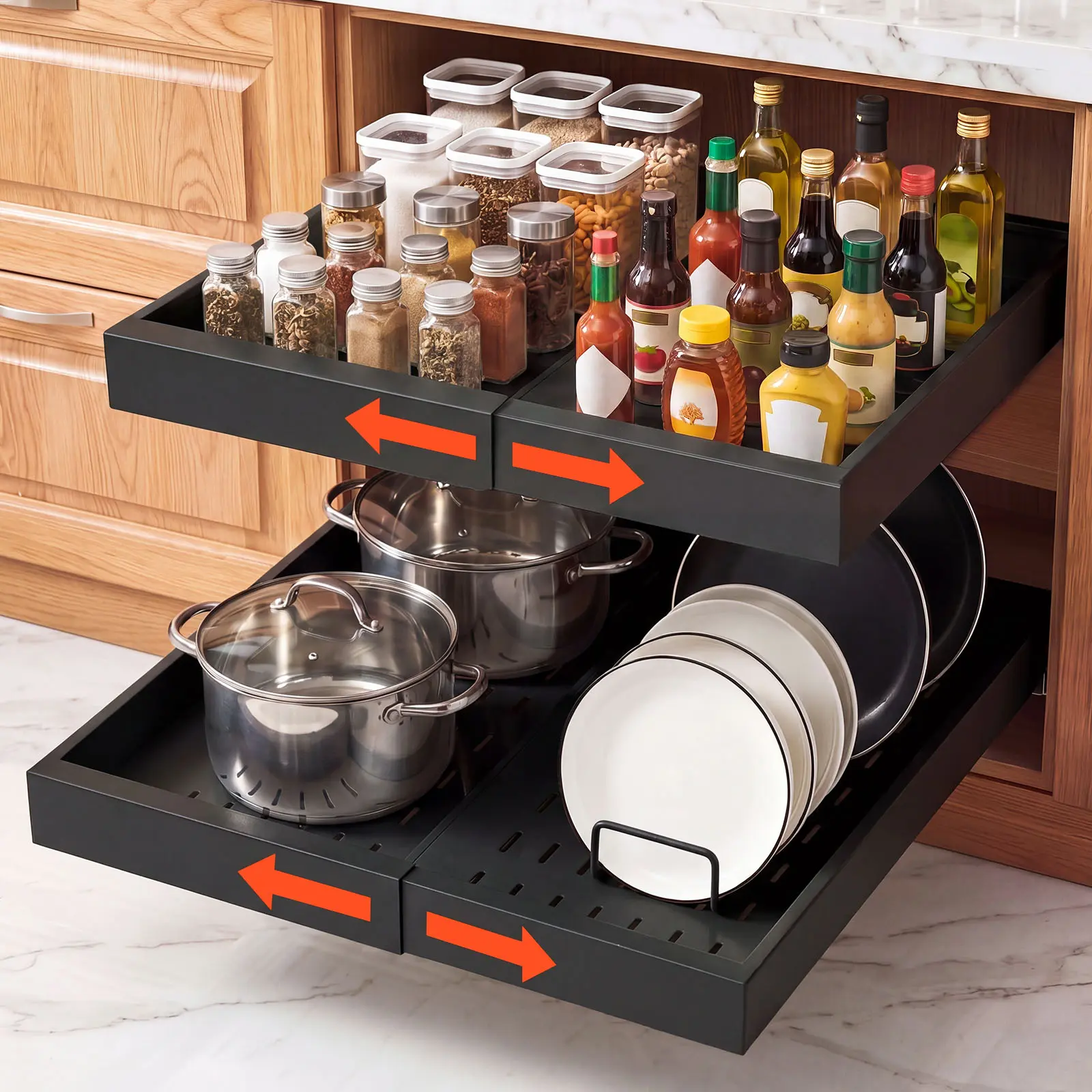 VEVOR Pull Out Cabinet Organizer, 2 Pack Expandable Width (12.2"-18.9"), 20.47" Deep Pull Out Drawers for Cabinets, Sliding Drawer for Kitchen Pantry Cabinet Organizer with Nano Adhesive Strips, Black