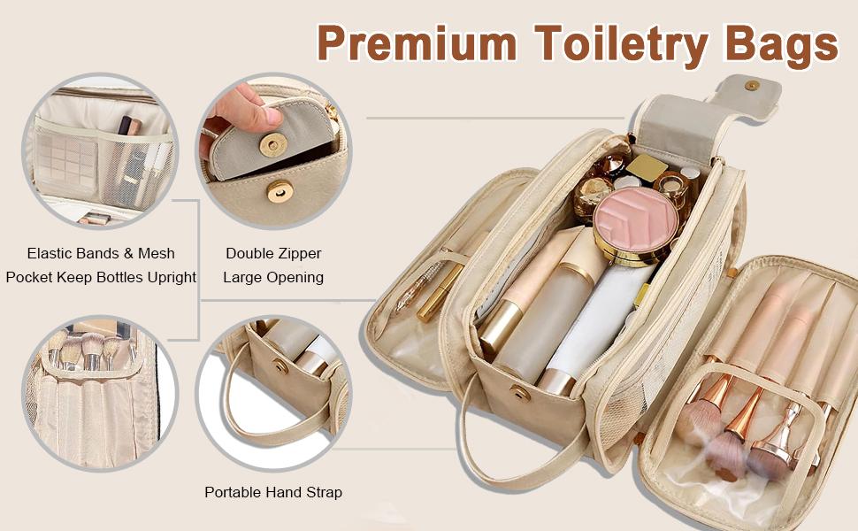 Large Capacity Cosmetic Organizer ,Travel Makeup Bag Organizer, Large Capacity Toiletry Bags for Traveling, Flat Open Waterproof PU Leather Cosmetic Bag with Compartments and Handles