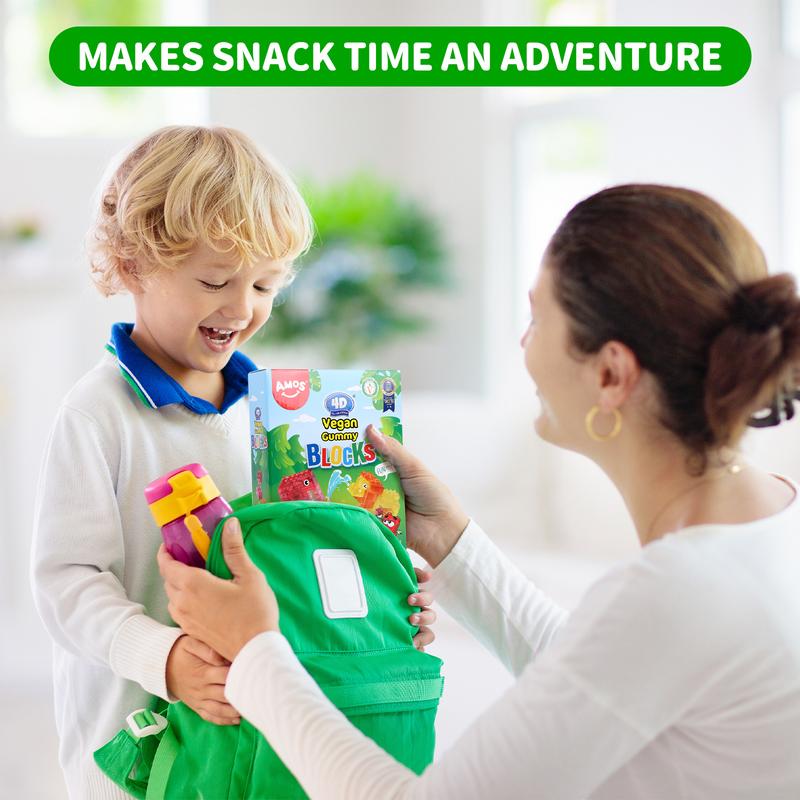 Amos Vegan Gummy Blocks - Watermelon, mango, pineapple and strawberry Flavors - 4D  Gummy Building Kit - 6 Resealable Packs - 8.47oz Total - Fun Healthy Snack