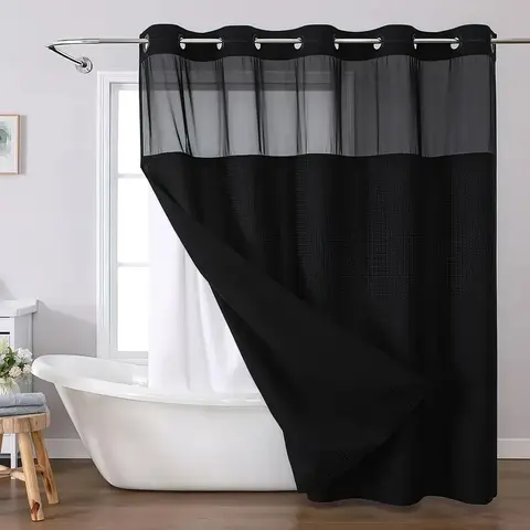 Waffle Pattern No-Hook Shower Curtain,1 Count Double Layer Waterproof Bathroom Curtain with Snap in Liner ,Size Adaptability Washable Bathroom Accessories, for Hotel Salon Room,Home Dector,Household Items Installation
