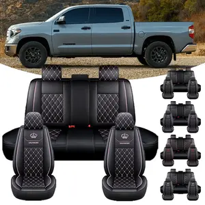 PU Leather Car Seat Covers for Toyota Tundra - Black Diamond Pattern with Crown Embroidery - Full Set for Front & Rear Seats