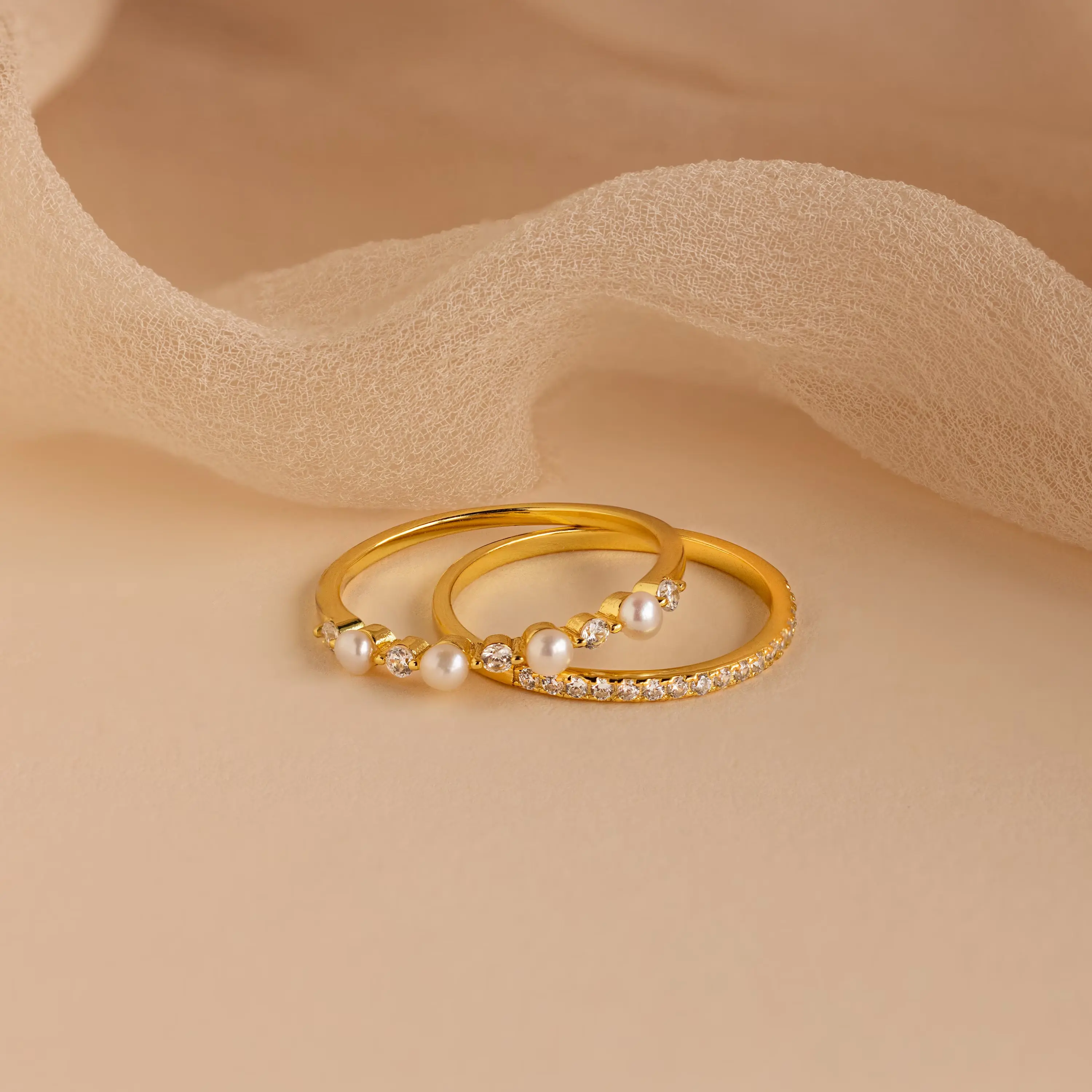 Pave Pearl Stacking Ring Set by Caitlyn Minimalist - Set of 2: Dainty Pearl & Diamond Rings in Gold - Wedding Jewelry - Perfect Gift for Girlfriend