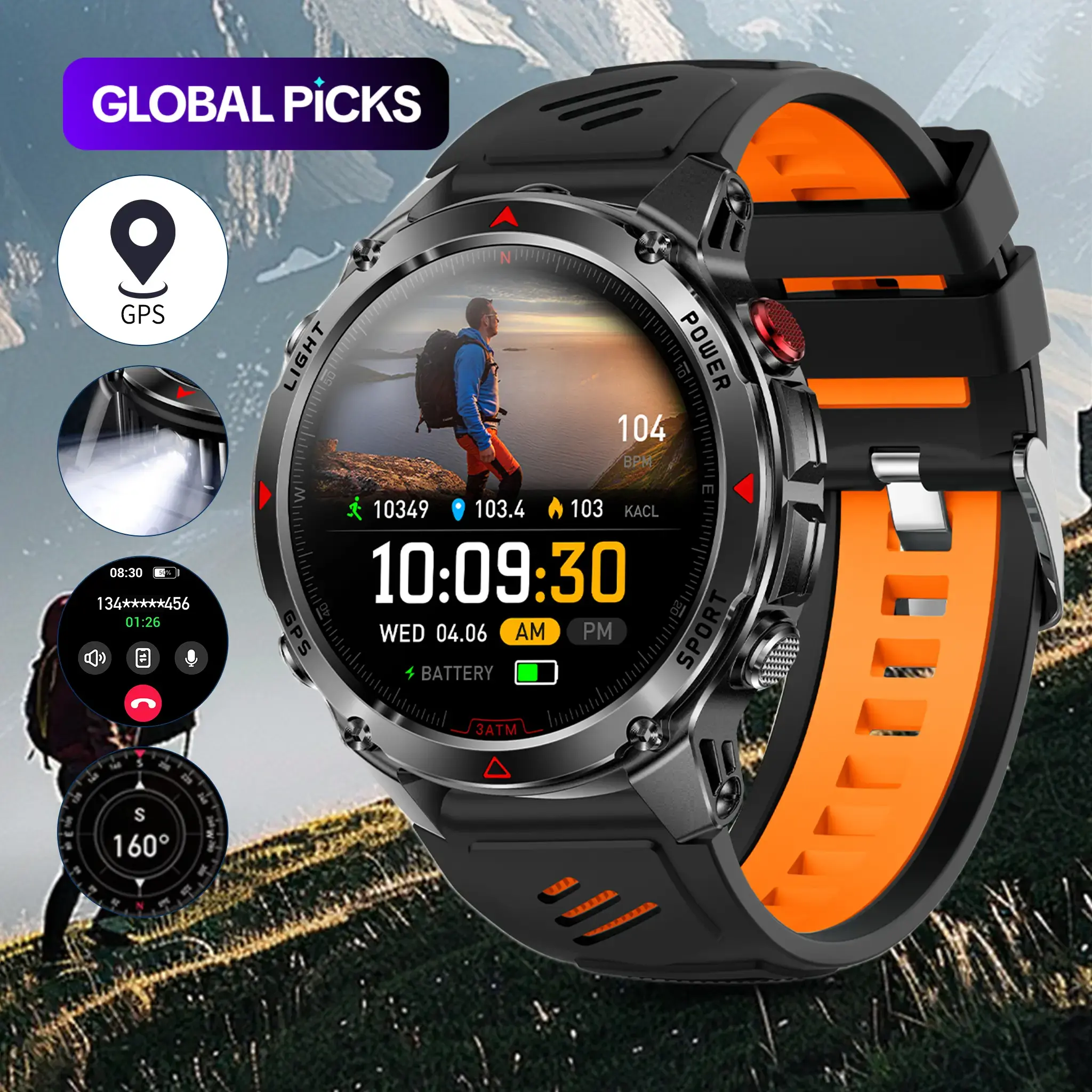 GPS Outdoor Sports Smartwatch, Fitness Tracker with Wireless Calling, 100+ Sports Modes, Calorie Counter, Weather Alerts & LED Compass, Gift for Men and Women, Fitness Smart Watches, Multifunctional Smart Watch #GLOBAL PICKS
