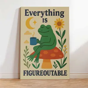Retro Boho Frog Drinking Coffee on Red Mushroom Canvas Wall Art, "Everything Is Figureoutable" Positive Quote Poster, Decor for Bedroom, Living Room, Dorm, Home Office, Classroom, Coffee Shop, Ideal Gift for Nature & Animal Lovers