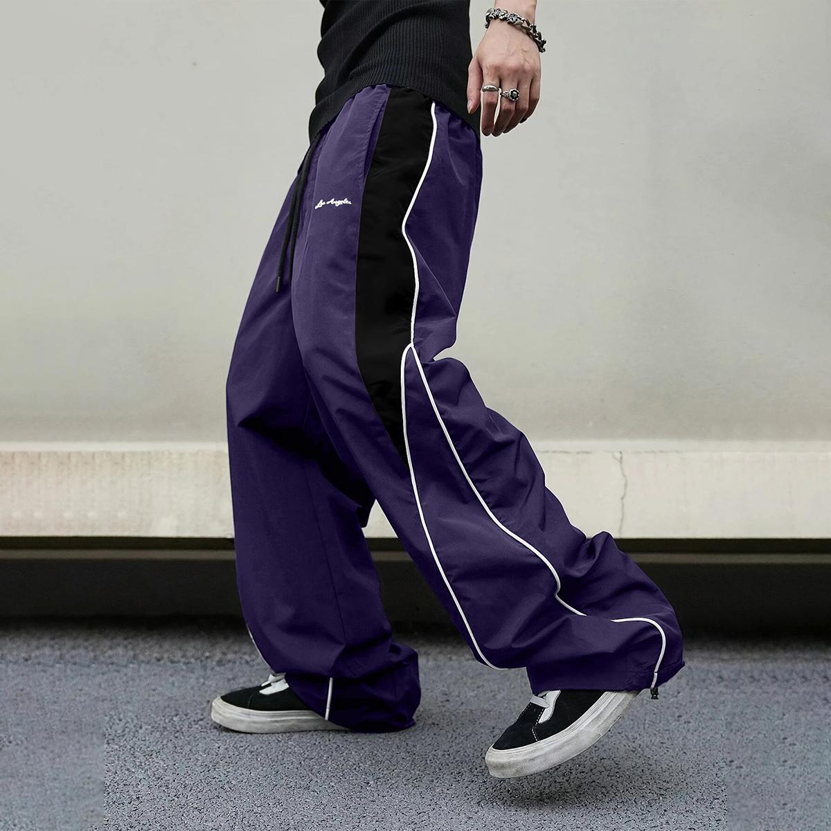 Men's high street style contrasting color splicing side striped tied wide-leg pants, American retro Los Angeles printed design loose drape sweatpants, multi-color optional thin casual pants are suitable for spring and summer wear Men's high street style contrasting color splicing side striped tied wide-leg pants, American retro Los Angeles printed design loose drape sweatpants, multi-color optional thin casual pants are suitable for spring and summer wear