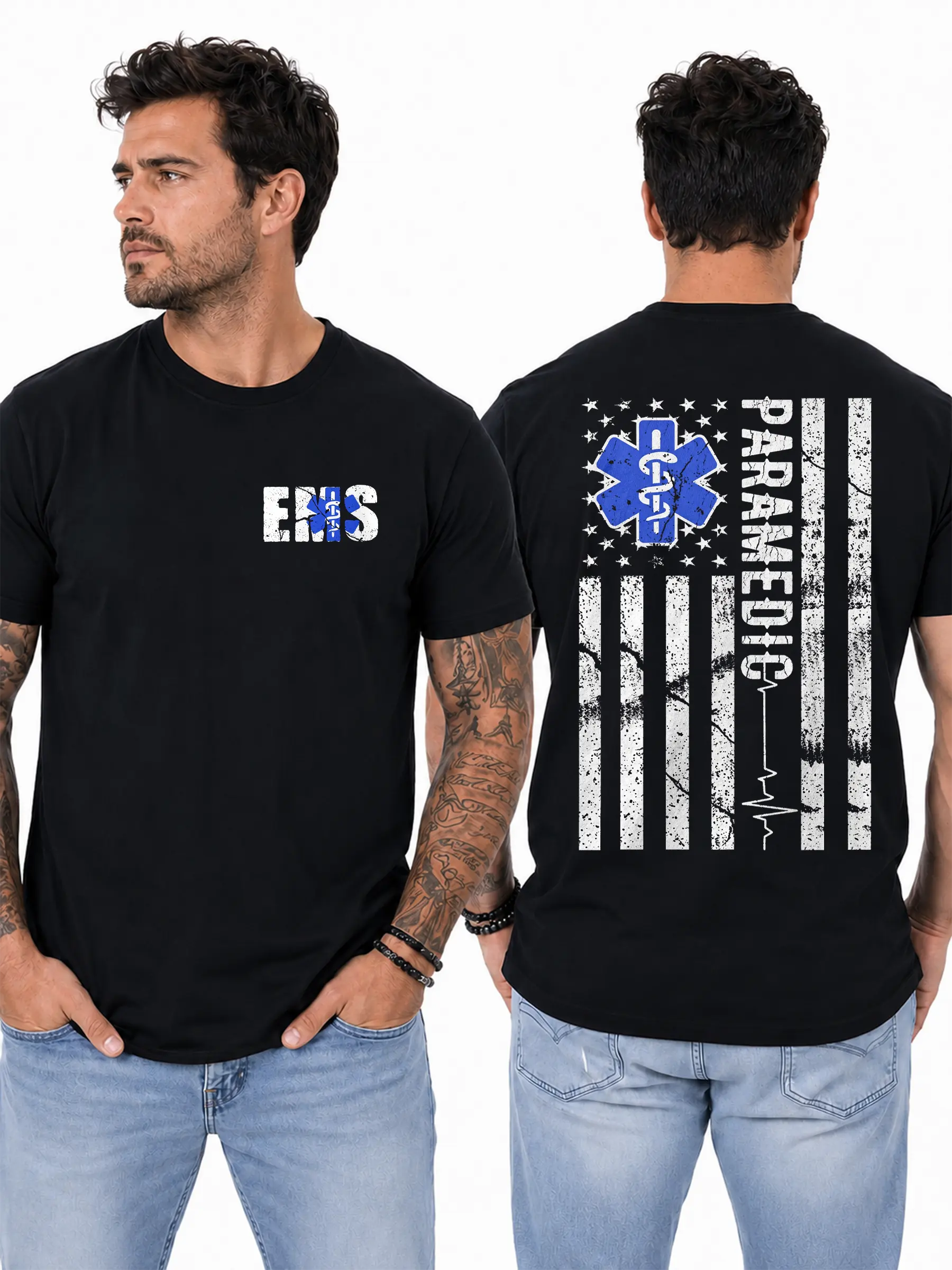 EMS Paramedic T-Shirt, Thin Blue Line American Flag Star of Life Graphic, Rescue Pride Graphic Shirt, For EMTs First Responders & Medics, Appreciation Gift for EMS Heroes