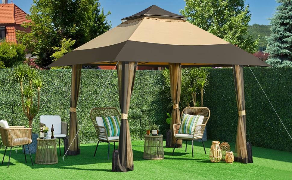 Yaheetech Pop Up Gazebo Outdoor Canopy Shelter, Instant Patio Gazebo Sun Shade Canopy Tent with 4 Sandbags, Double Tiers & Mesh Netting for Lawn, Garden, Backyard & Deck