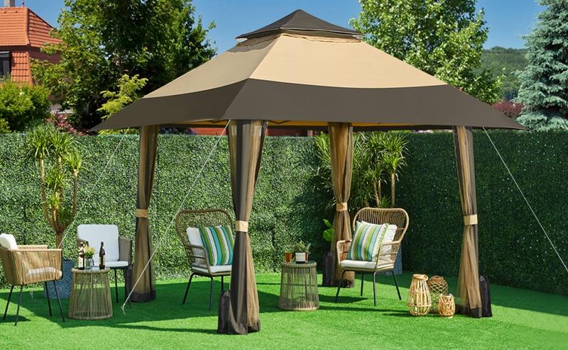 Yaheetech Pop Up Gazebo Outdoor Canopy Shelter, Instant Patio Gazebo Sun Shade Canopy Tent with 4 Sandbags, Double Tiers & Mesh Netting for Lawn, Garden, Backyard & Deck