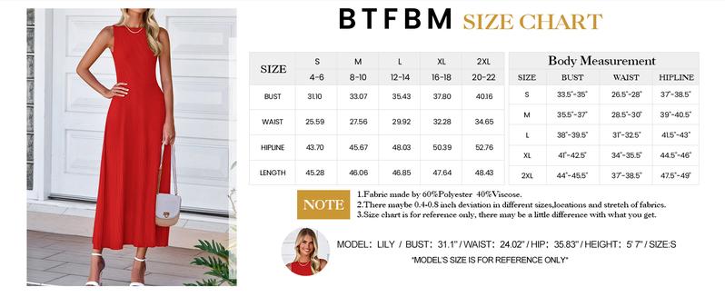 BTFBM Women's Midi Bodycon Tank Dress Summer Crewneck Rib Knit Sleeveless Pleated Swing A Line Business Casual Dresses