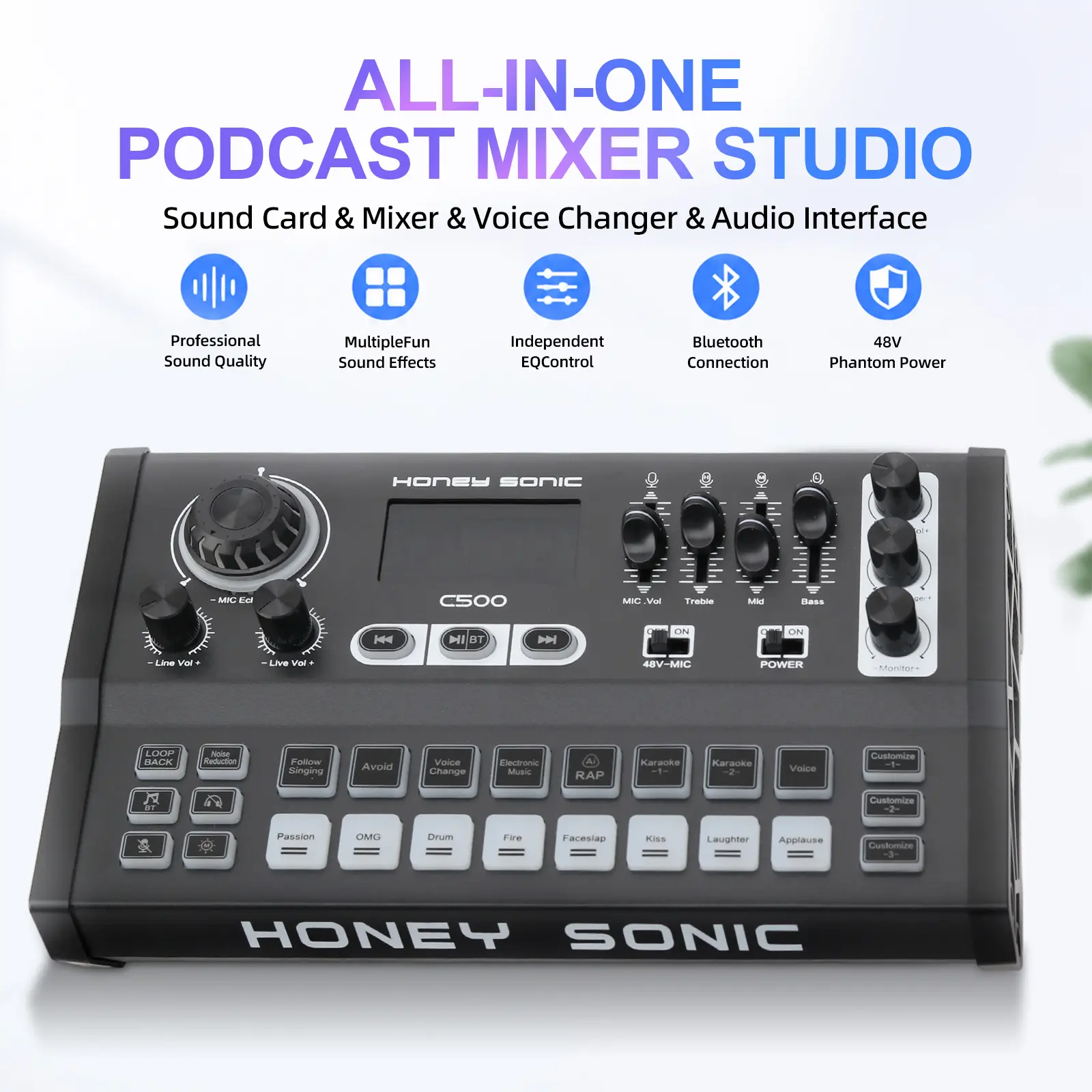 RGB Colorful Wired All-in-1 Audio Mixer Sound Card (Black C500) - Dual-Core DSP Chip Amplifier with Phone Compatibility, Karaoke Support, DJ Sound Effects, Recording Function, Buttons, Cable, 5V Power, Adjustable Settings, Shock Mount, Streaming Device