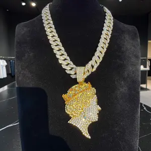 Iced Out Queen Head Pendant  | 24K Gold Finish | CZ Diamond Look | 18” Chain