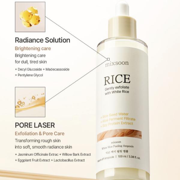 [mixsoon] White Rice Peeling Ampoule 100ml – Gentle Brightening Exfoliant Serum with Rice Extract for Smooth, Radiant Glass Skin