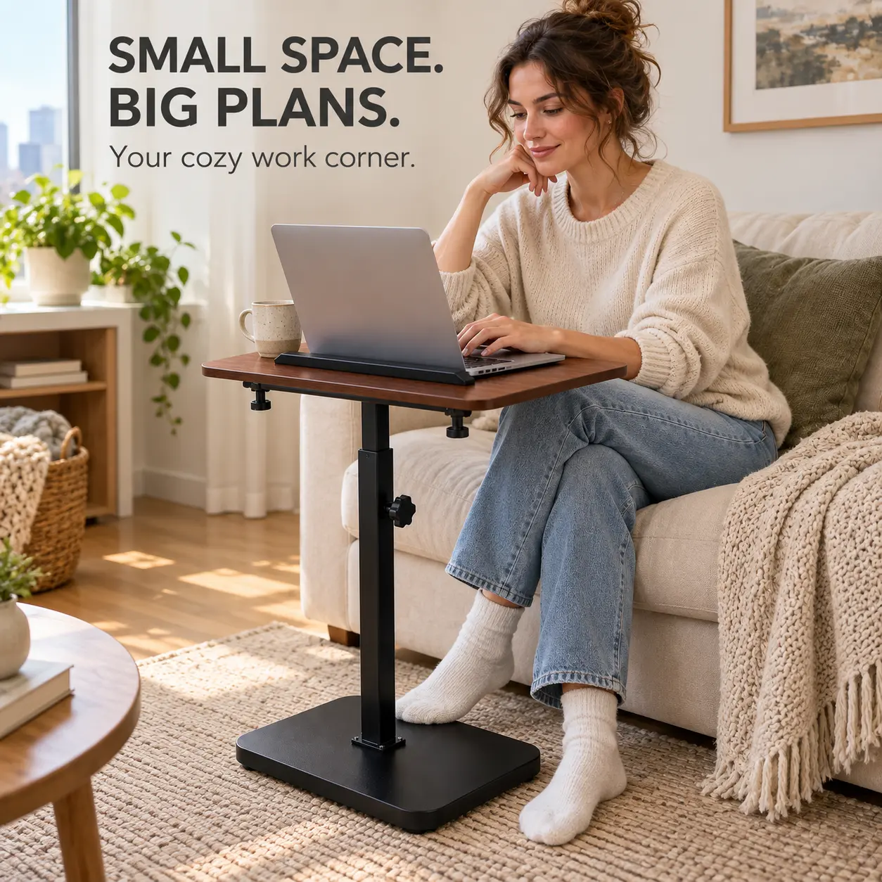 Adjustable Height C-Shaped TV Tray Table I360° Swivel Sofa Side Table with Heavy Metal Base I Portable Snack Tray for Eating on Couch I Mobile End Table for Living Room,Bedroom & Small Spaces