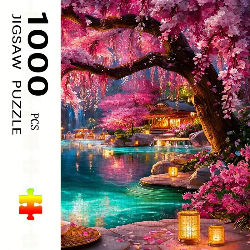 1000 Piece Sakura Tree Hot Spring Theme Puzzle, Jigsaw Puzzles, Large Adult Family Interactive Toy, DIY Home Decor Brain Challenge, Holiday Scene, Perfect Gift